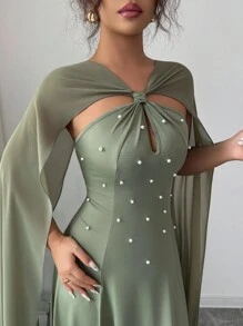 SHEIN Raffinéa 女士优雅水滴结领长款雪纺荷叶边腰部 A 字连衣裙 - 綠色 - 查看 7