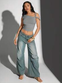 Denimoi Áo crop top nhún bèo lệch vai mùa hè - Màu Xám nhạt - Xem 3