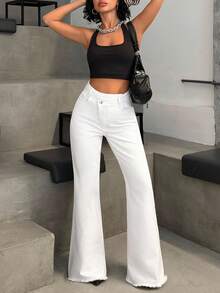 EURMUSE 高腰不对称腰带白色阔腿牛仔裤 - 白色 - 查看 3