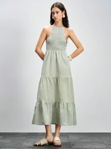 Lumivelle Romantic Dress Flared Dress Color Woven Bubble Plaid, Plaid, Checkered, Fitted, Sleeveless, Halter, Gathered, Multi-Tier Ruffle Hem, Pleated, Cinched Waist, Tie Back, Open Back, Oversized A-Line, Vacation, Holiday, Sexy, Elegant, Bohemian Vacation Style, Minimalist, Romantic, Casual, Women's Maxi Dress For Spring/Summer Pastel Green Dress Summer Dress Vintage Clothes For University Breezy Checks Season - Green - View 4