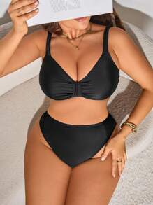 SHEIN Swim Curve 大码女式 2 件纯黑色时尚度假日常休闲褶饰蝴蝶结粗肩带高腰三角泳裤性感比基尼套装 - 黑色 - 查看 1