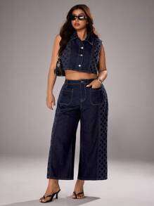 SHEIN ICON Plus Size Women's Fashion Casual Sleeveless Patchwork Jacket - Dark Wash - View 3