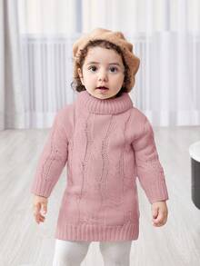 SHEIN Babygirl Cute Twist Cable White High Neck Casual Dress, Autumn/Winter Baby Girl Knit Sweater Dress Baby Girl Sweater Dress Pink Baby Girl Sweater Baby Girl Fall Clothes Baby Knitwear - Pink - View 6