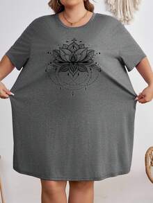 SHEIN CURVE+ Áo thun lễ hội âm nhạc cỡ lớn, Đầm tay ngắn cổ tròn màu trơn đơn giản và thoải mái cỡ lớn, thích hợp mặc vào mùa hè - Xám - Xem 8