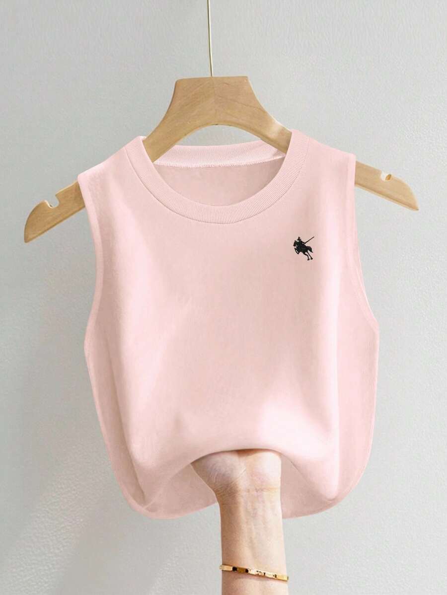 女式休闲骑士印花圆领背心，夏季 - 淺粉色 - 查看 1