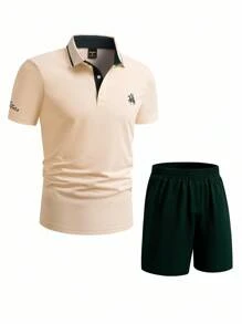 Manfinity Homme 2 件男士休闲马图案短袖 Polo 衫和短裤套装，夏季 - 彩色 - 查看 3