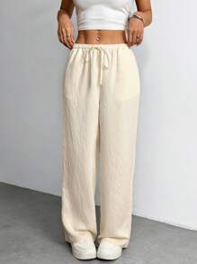 SHEIN PETITE Women's Beige Casual Basic Wide Leg Pants ,Petite Women - Beige - View 4