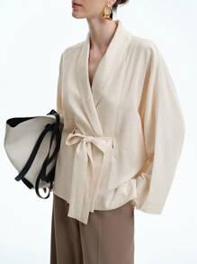 Aalyst 女士法式优雅时尚休闲宽松亚麻混纺衬衫裙配腰带，轻盈舒适，适合工作、度假、春秋冬 - 杏色 - 查看 4