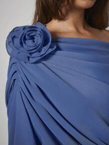 COSMINA Áo cánh ren trang trí hoa 3D trơn màu thanh lịch cho nữ, áo trễ vai, quần áo nữ mùa thu - Màu xanh lam - Xem 6