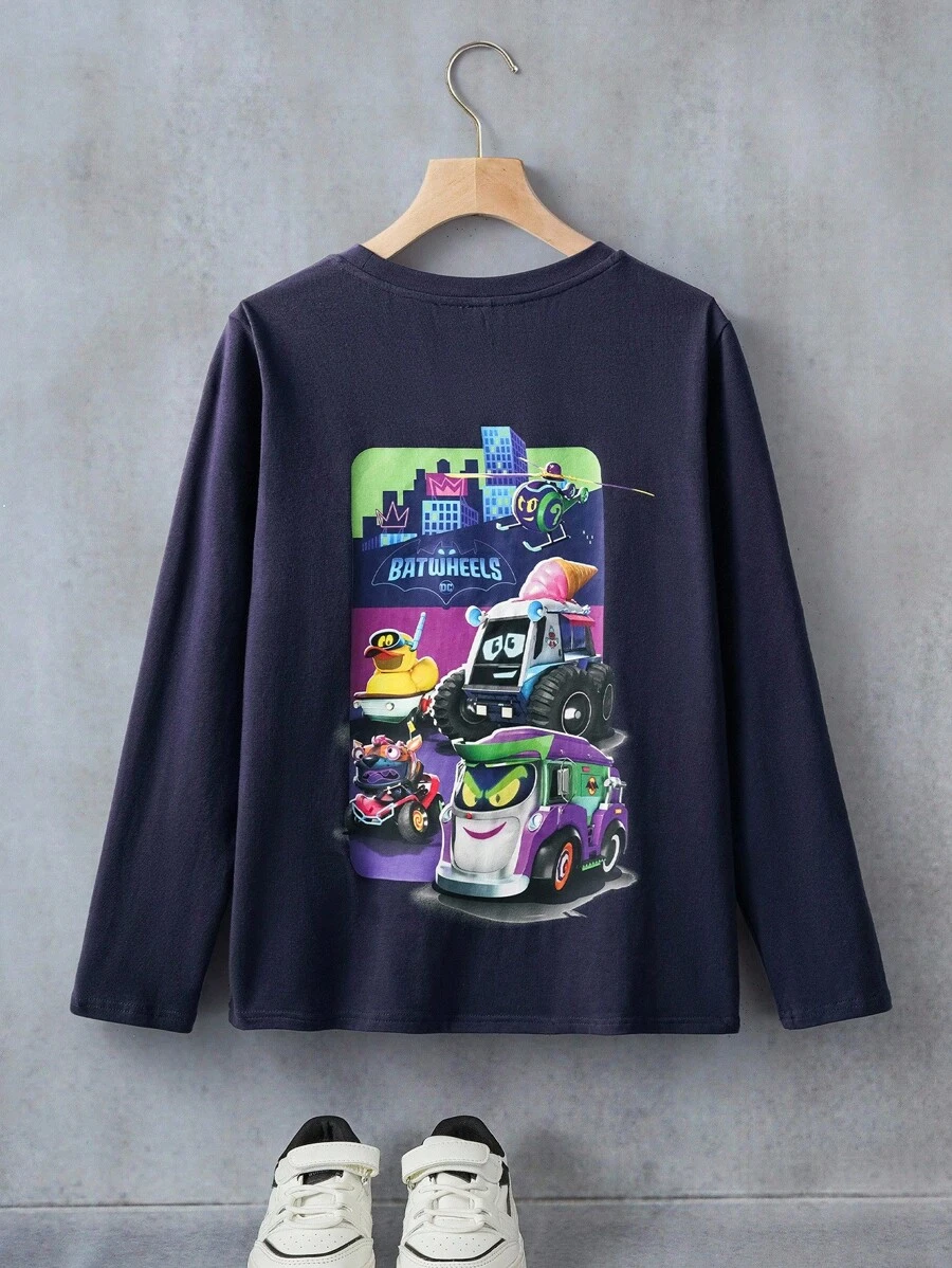 Batwheels X SHEIN Tween Boy Casual Everyday Car Print Round Neck Long Sleeve T-Shirt Boys Graphic Shirt Boys Long Sleeve T Shirt Kids Long Sleeve Tops Boys Cartoon Shirt