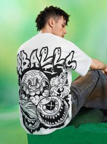 MADBALLS X SHEIN 男士休闲街头卡通字母印花落肩宽松白色T恤，夏季 - 白色 - 查看 1