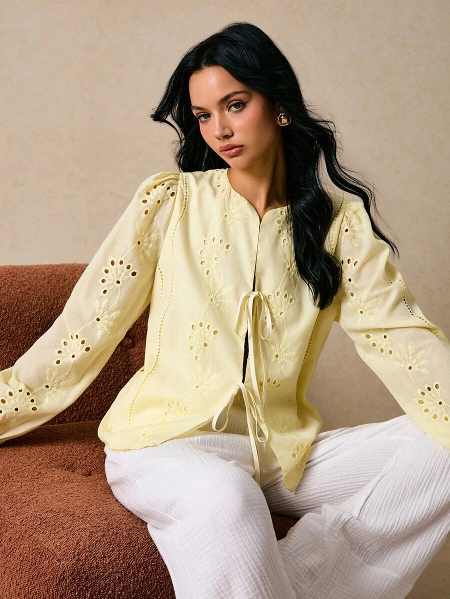 Poéselle 女士刺绣灯笼袖系带时尚衬衫，奶油黄上衣，可爱上衣，波西米亚风，外出上衣，商务休闲女装，度假女装，秋季女装，秋季上衣 - 黃色 - 查看 1