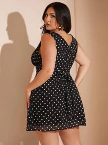 SHEIN BAE Christmas Plus Size Black And White Polka Dot Print V-Neck Sleeveless A-Line Fitted Mini Dress For Women, Vacation Summer Dress Low Cut Costume - Black - View 6