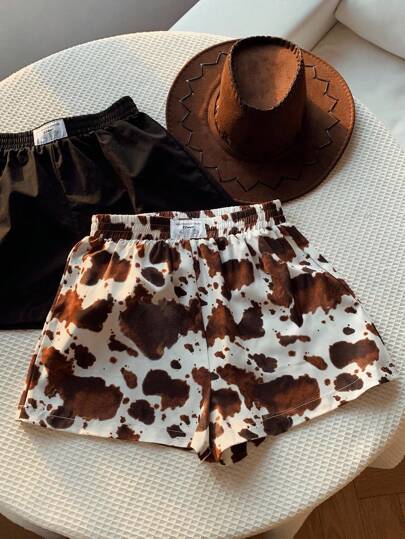 Comfortcana Plus Size Cows Print Loose Shorts, Multiple Pcs, Music Festival, Summer Western Shorts Animal Print Shorts Cow Print Shorts,Back To School