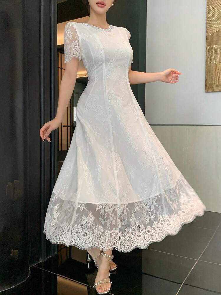 Elegant Lace Round Neck Puff Sleeve Midi Dress For Women Summer,Wedding Guest Dress Women Sundress