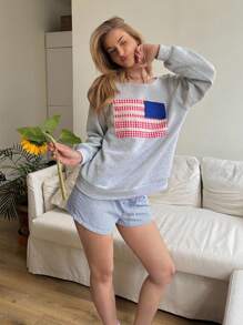 CovetEZ 休闲女式露肩单肩落肩美国独立日美国国旗蕾丝拼接格子运动衫，面料为天鹅绒和拉绒，秋冬季穿着舒适 - 灰色 - 查看 1