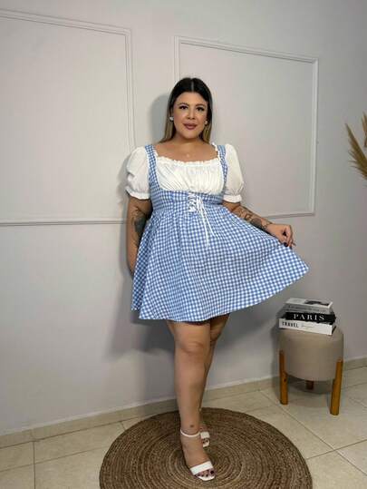 magalhaesca 大尺碼復古藍色格紋拼接女遮陽裙，夏季短裙，畢業禮禮服，優雅的婚禮禮服，藍色連衣裙，乳牛女裝