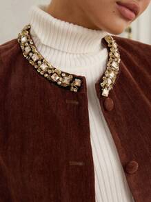 Revavyn Autumn/Winter New Rhinestone Decor Collar Pocket Vest Jacket - Brown - View 1