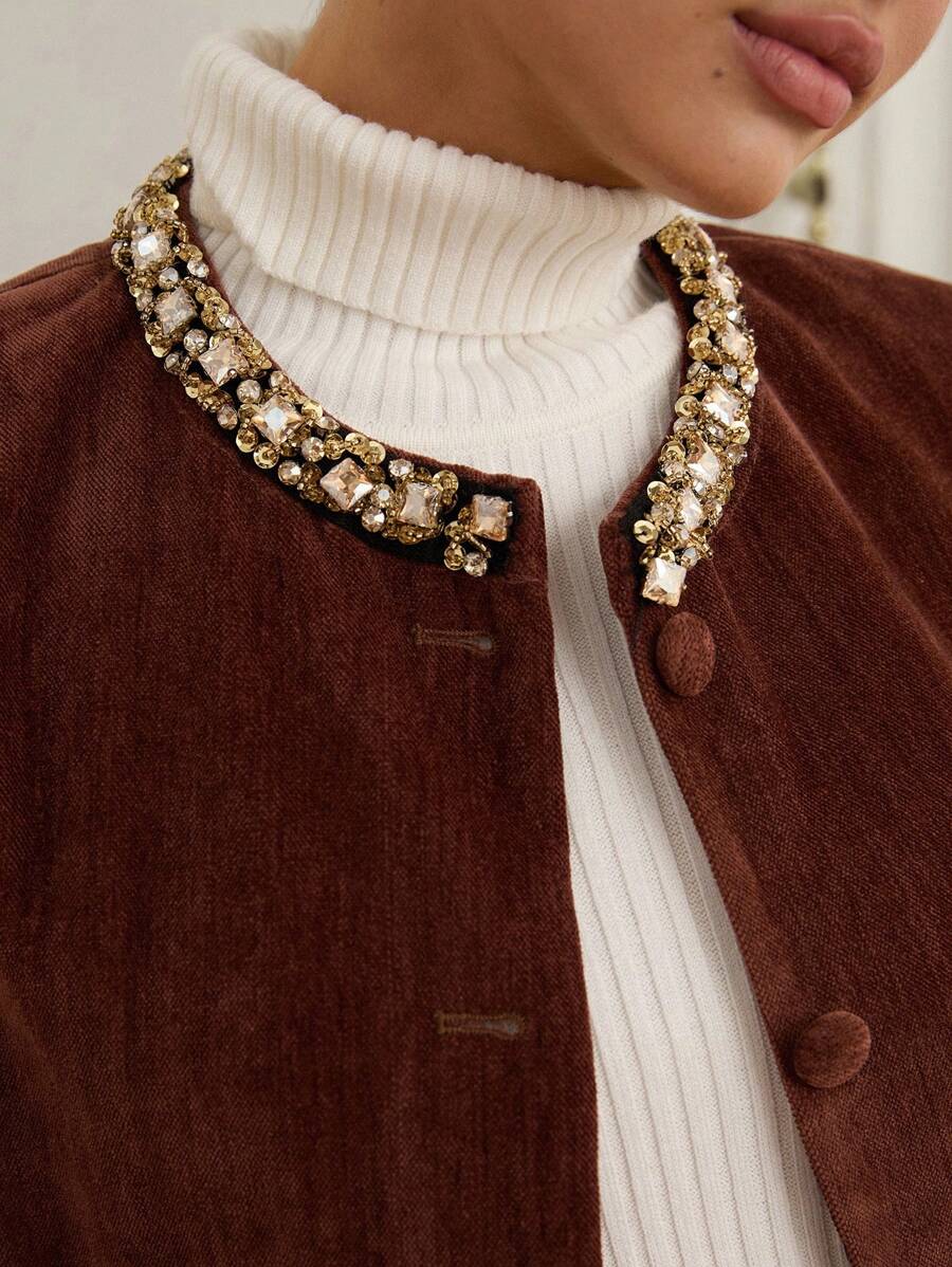 Revavyn Autumn/Winter New Rhinestone Decor Collar Pocket Vest Jacket - Brown - View 1
