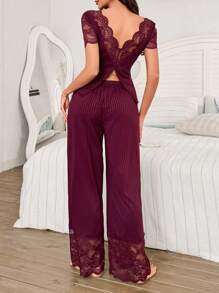 SHEIN V Neck Plain Pant Pajama Set With Contrast Lace Lace Trim Pajama Set 2 Pieces Pajama Set Women Pajama Set Ribbed Pajama Set Night Gown Set - Maroon - View 4