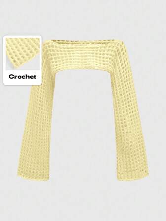 Grunge Punk Pull ultra court en tricot ajouré de couleur unie en faux crochet à la main pour femmes