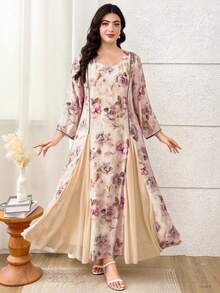 Al Najma Plus Size Women Floral Print Round Neck Elegant Long Sleeve Arabic Dress - Apricot - View 2