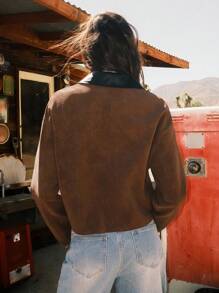 Easelle Women's Casual Retro Nomadic Style Black Collar PU Leather Jacket In Fall/Winter