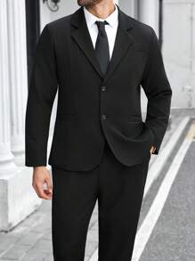 Manfinity Mode Plus Size Men's Solid Color Lapel NeckLong Sleeve Jacket And Pants Casual Suit Set - Black - View 1