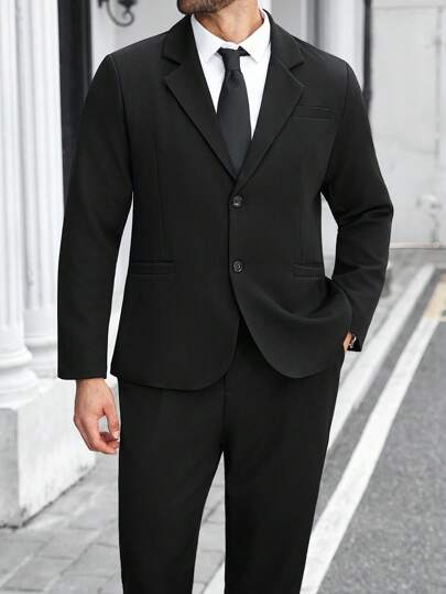Manfinity Mode Conjunto de traje casual de chaqueta y pantalones de manga larga con cuello de solapa de unicolor para hombres de talla grande