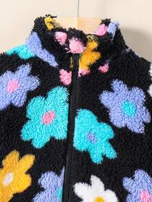 SHEIN 年轻女孩彩色花卉针织蓬松宽松休闲立领夹克，秋季 (10) 和冬季 (5)，颜色：黑色、蓝色、绿色、蓝色、红色、粉色 - 黑色 - 查看 4