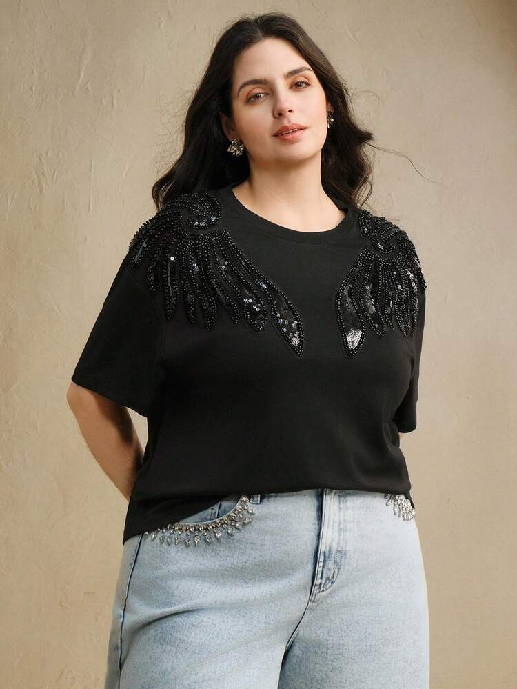 T-shirt court à manches courtes noir unique et décontracté avec décoration d'ailes brodée à la main pour femmes, idéal pour l'été et les vacances
