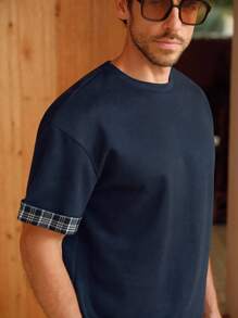Manfinity BRENVOR 男士春夏欧式时尚格纹拼接双层面料撞色休闲圆领藏青色短袖T恤 - 藏蓝色 - 查看 7