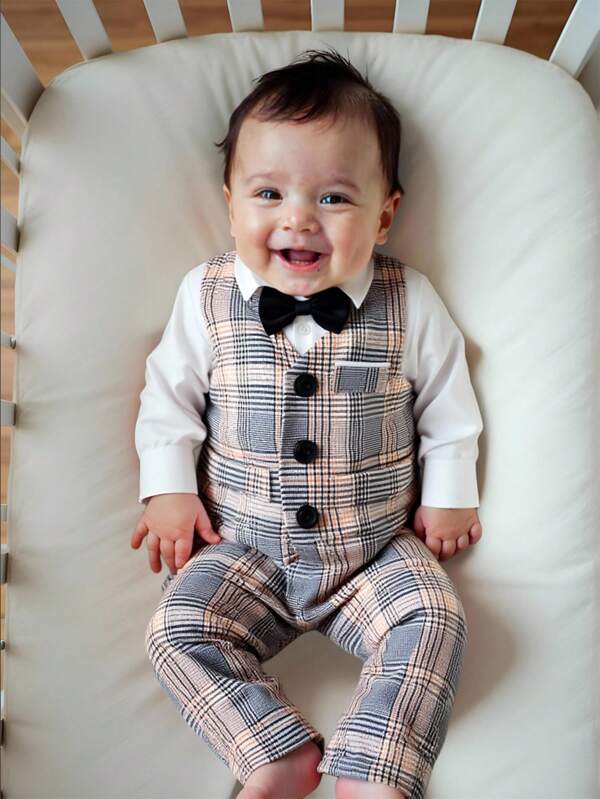 Souflis Souflis 2 piezas Conjunto de traje casual para niños, que incluye chaleco a rayas negras y blancas y pantalones a juego, con botones de doble botonadura de color ámbar en el chaleco para un acento de moda. Adecuado para fiestas de cumpleaños, reuniones, actuaciones, así como para uso diario y la temporada de regreso a la escuela