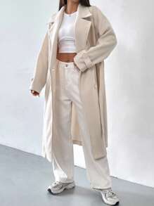 SHEIN EZwear Lapel Neck Drop Shoulder Belted Overcoat In Fall/Winter - Beige - View 1