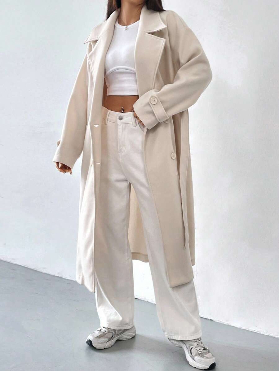 SHEIN EZwear Lapel Neck Drop Shoulder Belted Overcoat In Fall/Winter - Beige - View 1