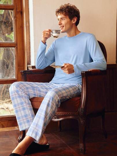 Herrpyjamasset med lång ärm och rutiga långbyxor i enfärgat, herrpyjamasset med rutigt pyjamasset, ljusblått pyjamasset, herrloungeset, herrsovkläder, vinterkläder