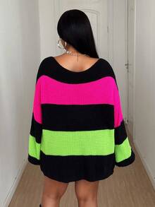 Maweii Damen Große Größen Pullover mit Kontrast-Streifen, Off-Shoulder, locker und lässig