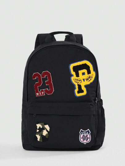 SUMWON Classic Sports Inspired School Backpack With Varsity Patches Letter MVP Badge USA Embroidered Patches Back To School Day Trip Everyday Backpack