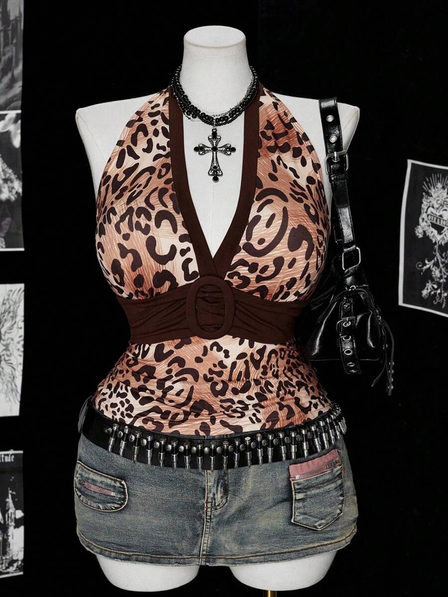 Flirla Camiseta sin mangas de punto acanalado con tiras finas tipo espagueti y espalda descubierta, con estampado de leopardo, para verano - Multicolor - Ver 1
