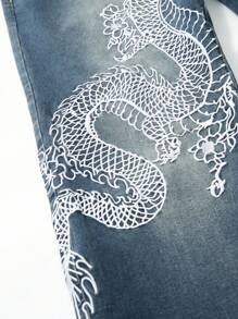 ROMWE MEN Anime Men's Washed Dragon Pattern Embroidered Denim Jeans - Blue - View 7