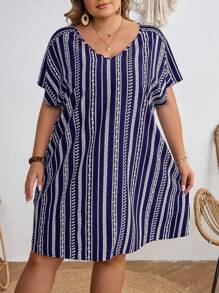 SHEIN CURVE+ Plus Size Music Festival Striped Short Sleeve Dress, Fall,Fall Dresses For Women - Blue - View 8
