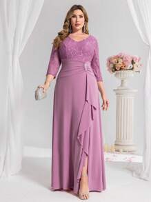 Coutiva Vestido formal largo asimétrico de encaje con cuello en V, parches y lentejuelas, de manga 3/4