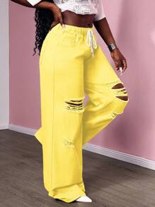 SHEIN SXY 休闲纯色破洞阔腿牛仔裤 - 黃色 - 查看 2