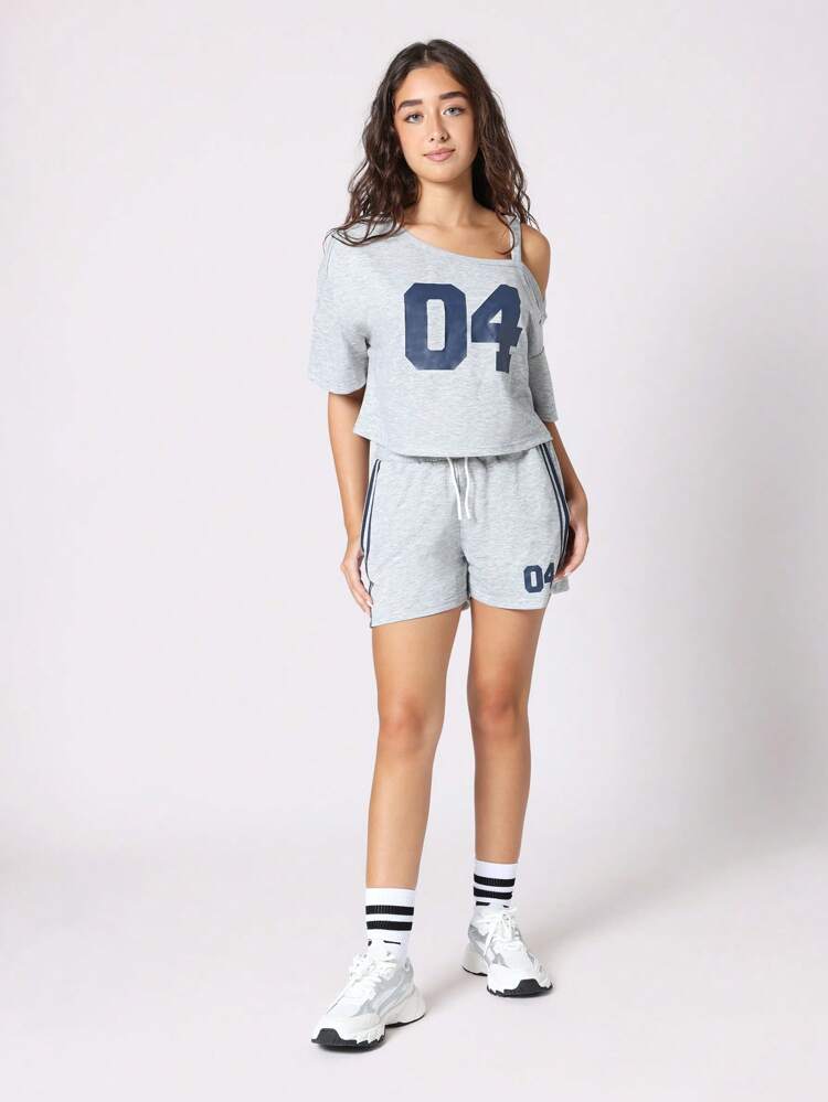 Off Shoulder T-Shirt And Shorts With Varsity Number Print