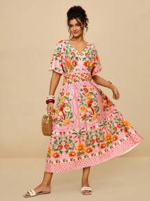 SHEIN VCAY Plus Size Vacation Island Romantic Pink Floral Print V-Neck Cinched Waist Ruched A-Line Long Sleeve Maxi Dress Plus Size Boho Dress Plus Size Vacation Dress Summer Dresses For Women Curve Garden Party Dress Plus Tropical Print Plus Size Dress Fall Dress  Night Out  Going Out Outfits Wedding Guest Dress Women Flowy Animal Print  Boho Chic  Vacation Outfits Holiday Outfits   Urban Coastal Style Country Outfits Old Money Vintage Clothes - Pink - View 7