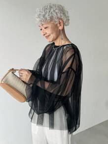 FRIFUL 女式黑色纯色圆领灯笼袖透明网眼面料多层宽松休闲百搭衬衫，适合度假、郊游、机场旅行 - 黑色 - 查看 3