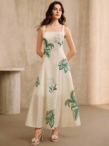 Anewsta 女士优雅花卉印花细肩带连衣裙 - 綠色 - 查看 4