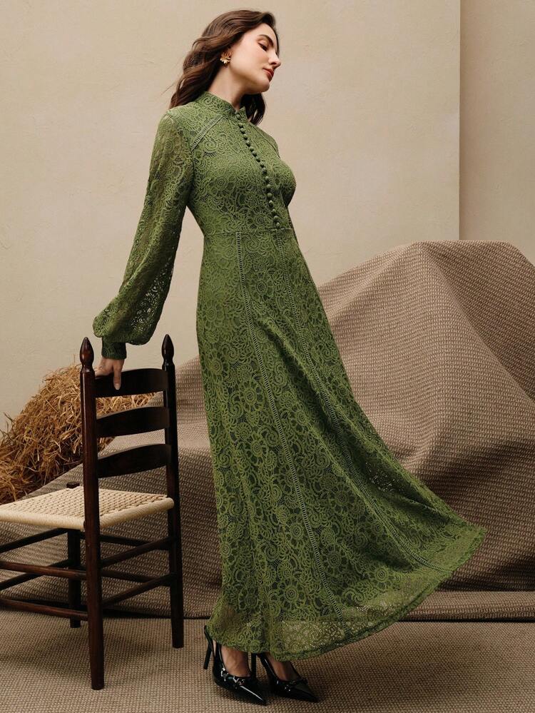 Women's Long Sleeve Lace Burgundy Dress Maxi Women Outfit