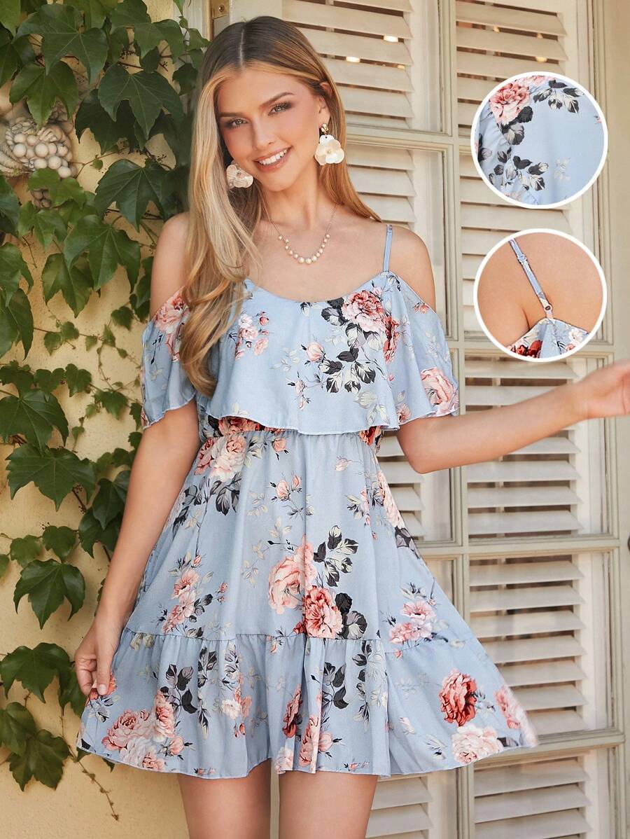 Amorya Floral Print Cold Shoulder Ruffle Hem Spring DressFall/Winter Women Clothes Back To School Modest Vintage Old Money Teacher Outfits For Women Airport Beautiful Clothing For Women Spring Women - Baby Blue - View 1