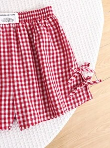 SHEIN 女宝宝休闲舒适圆领蝴蝶结装饰泡泡袖衬衫和短裤套装